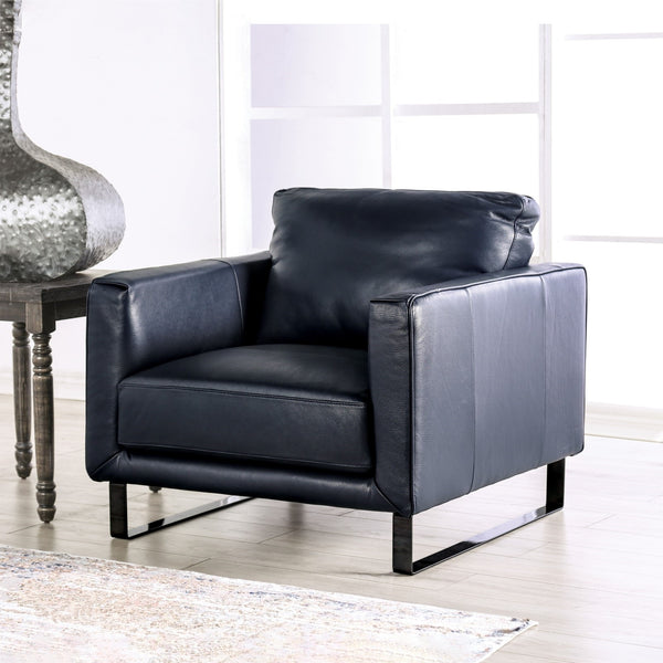 English Elm Contemporary Mezzanotte Italian Leather Armchair with Track Arms, Welted Box Cushions & Metal Legs Blue 38 L x 39 W x 28 H B2741S00578