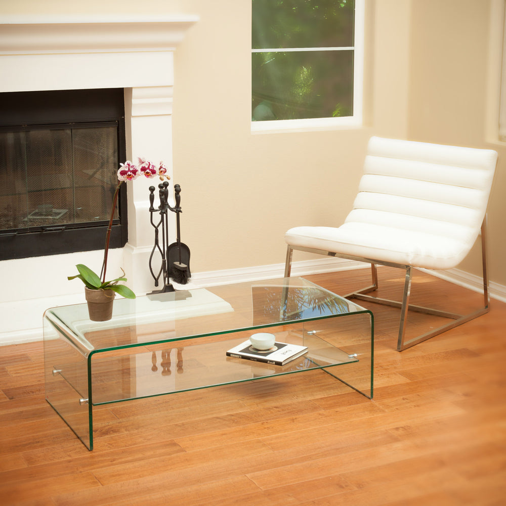 English Elm Christopher Knight Home® - RAMONA Tempered Glass Coffee Table with Shelf - Modern Clear Waterfall Sides, Aluminum Base, 46"L 54984.00