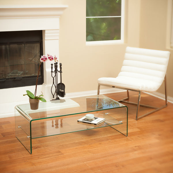 English Elm Christopher Knight Home® - RAMONA Tempered Glass Coffee Table with Shelf - Modern Clear Waterfall Sides, Aluminum Base, 46"L 54984.00