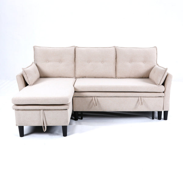 English Elm L-Shaped Reversible Chaise Sectional Sofa with Storage and Fold-Out Bed Cotton-Linen Modern Design Beige W3371S00024