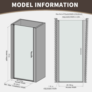 English Elm 34-36 in Frameless Pivot Shower Door Clear Glass Matte Black Hardware Reversible Swing W63777032