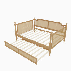 Traditional Woven Rattan Full Daybed with Pull Out Trundle Antique Walnut Pine Frame
