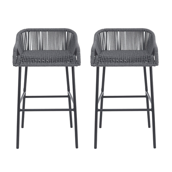 English Elm Christopher Knight Home® - La La Push outdoor rope bar stool set of 2 — brown woven polyester seat with rust‑resistant black iron frame Dark Gray N775P176900D