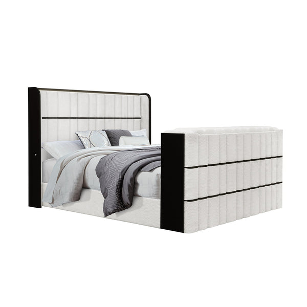 English Elm Isaiah Luxury Bed with 50" TV Lift, Built‑In Speakers, LED Lighting and Fireplace in White/Black King B201S00410