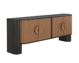 Sunpan Dresden Sideboard: Mid-century Modern Design With Smoke Grey Oak And Faux Leather Doors, Stylish Handles Grey Faux Leather ,Wood 111742
