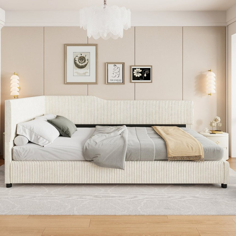 English Elm Full Size L-shaped Corduroy Upholstered Daybed Sofa for Living Room or Studio Beige N737P380207A
