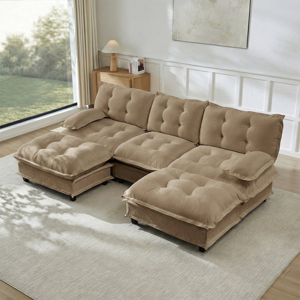 English Elm 107" U Shaped Chenille Sectional Cloud Sofa with Ottomans Deep Seat Modular Living Room Light Coffee W714S01709