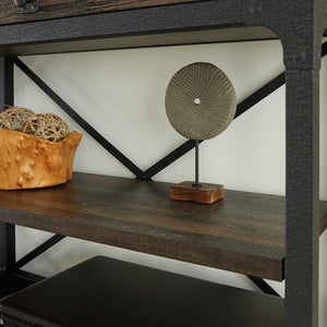 English Elm Hutch, Sleek Brown-Finish Display Unit With Adjustable Shelves & Industrial Metal Frame For Storage B356P367892