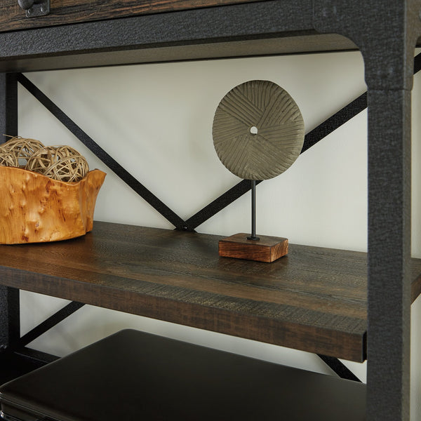 English Elm Hutch, Sleek Brown-Finish Display Unit With Adjustable Shelves & Industrial Metal Frame For Storage B356P367892