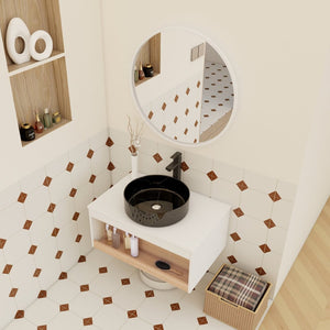 English Elm 30" Floating Wall Mount Bathroom Vanity Open Shelf Ceramic Vessel Sink Modern White White + Light Oak,White+Black W3450S00060