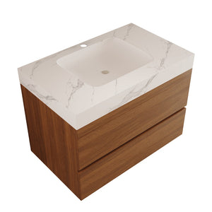 English Elm 29.9" Floating Bathroom Vanity Sintered Stone Top Soft Close Drawers Bronze Gold Hardware W3136S00041