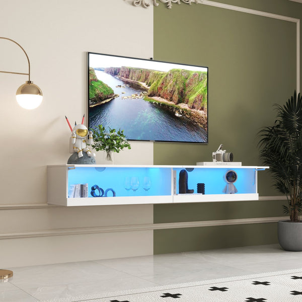 English Elm 180 Wall Mounted Floating 80" TV Stand with 20 Color LEDs, Charging Station, Cable Management & Storage White W331P225207