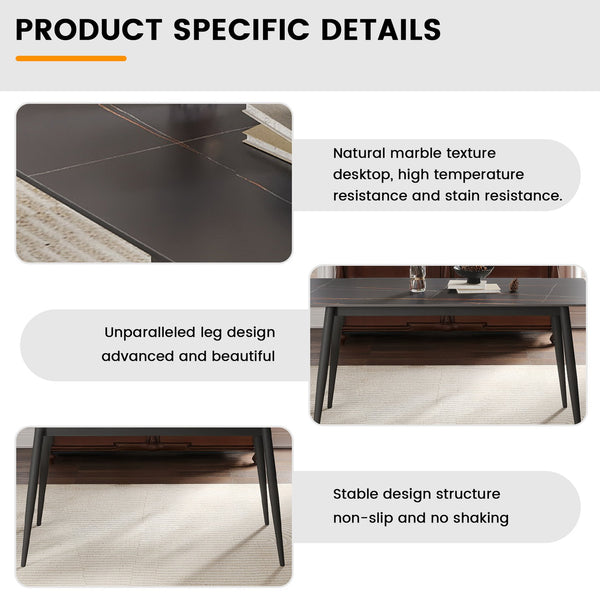English Elm 62.99" Modern Artificial Stone Dining Table With Black Metal Legs – Seats 6, Contemporary Design W1535S00495