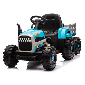 English Elm Ride on Electric Tractor Toy with Trailer 24v 400w Dual Motors Remote Control Led Blue W1578P193906