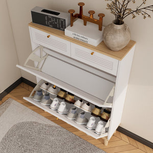English Elm Shoes Storage Cabinet Slim Flip Door Entryway Organizer with Natural Wood Legs 16 Pairs W3166P266365