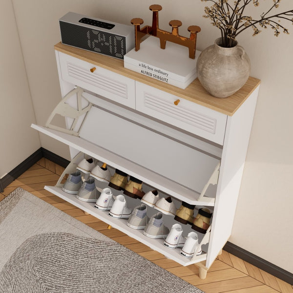 English Elm Shoes Storage Cabinet Slim Flip Door Entryway Organizer with Natural Wood Legs 16 Pairs W3166P266365