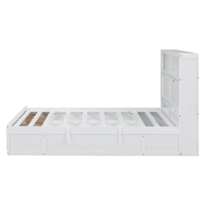 English Elm Wood Full Size Hydraulic Platform Bed with LED Headboard, Charging Station, Hidden Storage Drawers and Shelves White GX000371AAK