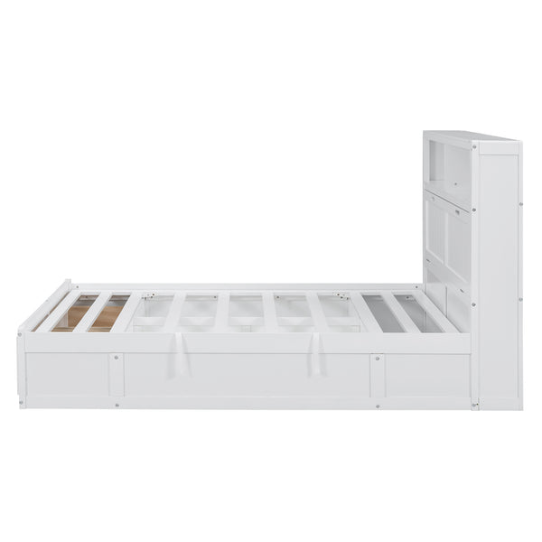 English Elm Wood Full Size Hydraulic Platform Bed with LED Headboard, Charging Station, Hidden Storage Drawers and Shelves White GX000371AAK