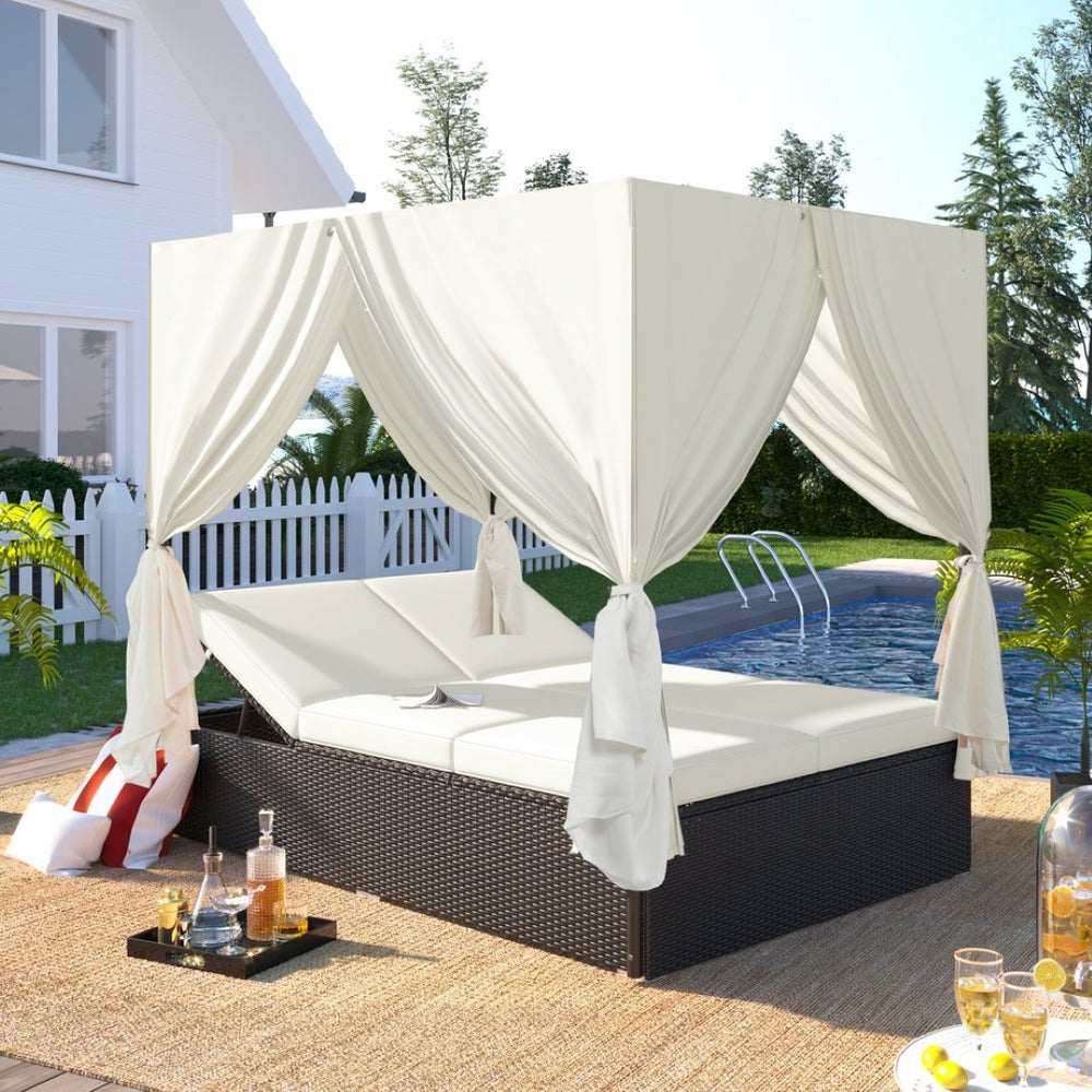 English Elm U_style Outdoor Double Daybed Resort Canopy Lounge with Steel Frame and Adjustable Backrests Beige WY000476AAK