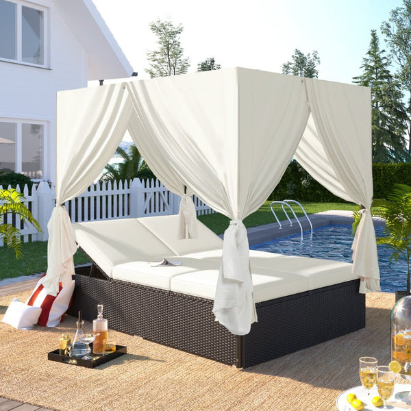 English Elm U_style Outdoor Double Daybed Resort Canopy Lounge with Steel Frame and Adjustable Backrests Beige WY000476AAK