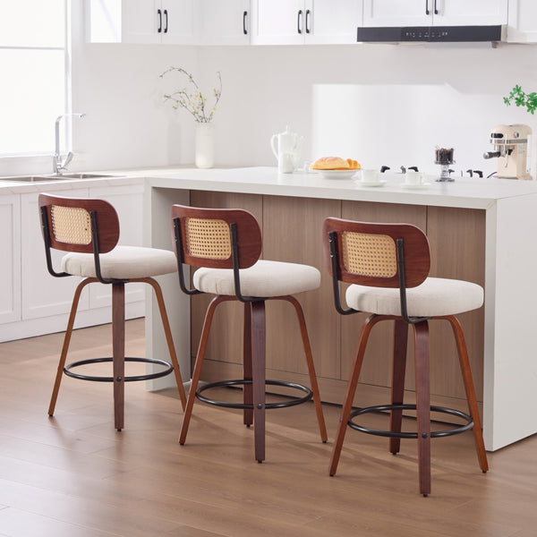 English Elm Set of 2 Swivel Counter Stools Walnut Frame Rattan Back Linen Seat Kitchen Island Beige W1143P392163