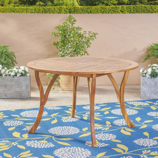 English Elm 47.25" Solid Acacia Round Outdoor Dining Table Slatted Teak Finish Seats Four N770P396234T
