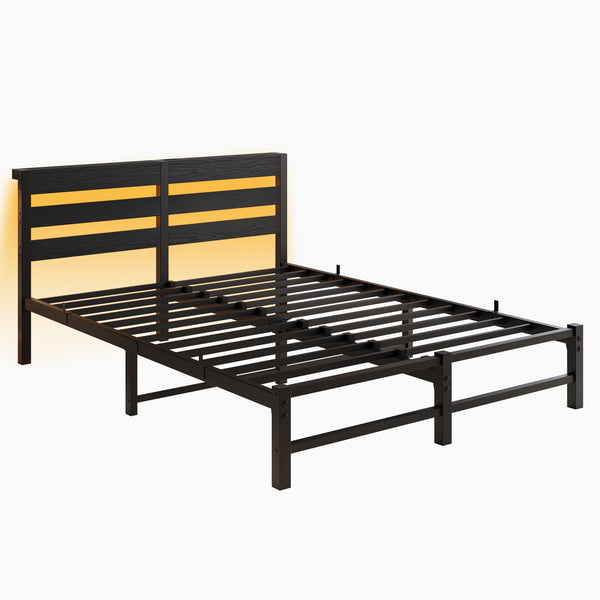 English Elm Queen Metal Bed Frame with Wooden Headboard, Built-In USB Charging, RGB App Lights, Storage Shelf, 10.6" Clearance, Noise-Free, Rustic Finish Black W840P209907