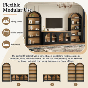 English Elm 3-piece Farmhouse Entertainment Center with Arched Glass Doors and Open Tower Shelving Black N721S000070B