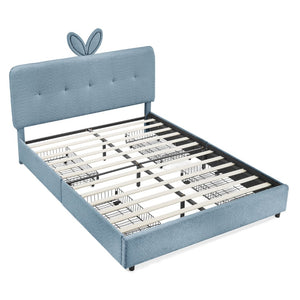 English Elm Queen Boucle Upholstered Kids Bed with Rabbit Ear Headboard Led Lighting Storage Drawers Navy W1413P384928