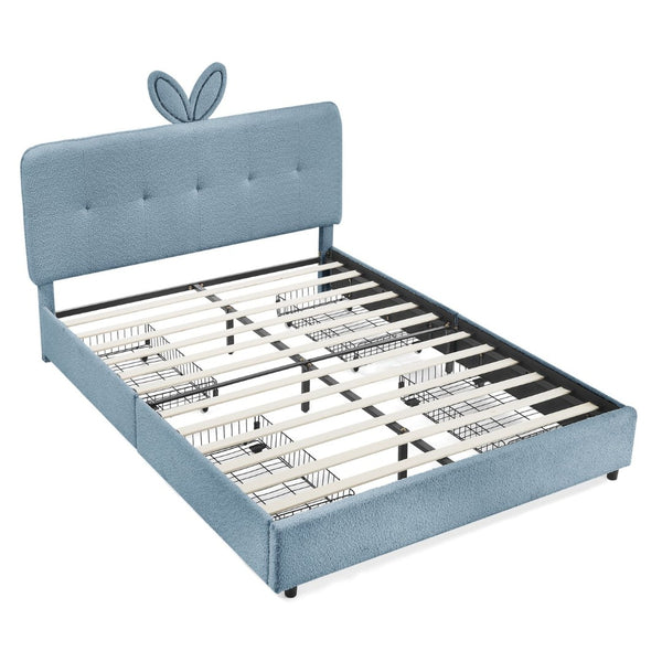 English Elm Queen Boucle Upholstered Kids Bed with Rabbit Ear Headboard Led Lighting Storage Drawers Navy W1413P384928