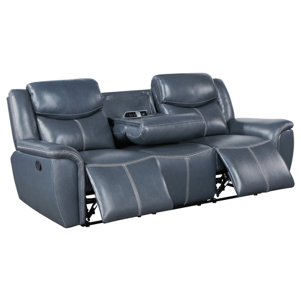 English Elm Stanwicke Blue 2-Piece Reclining Sofa Set with Loveseat Console, Faux Leather, Contrast Stitching, Pillowtop Arms for Ultimate Comfort B062S01275
