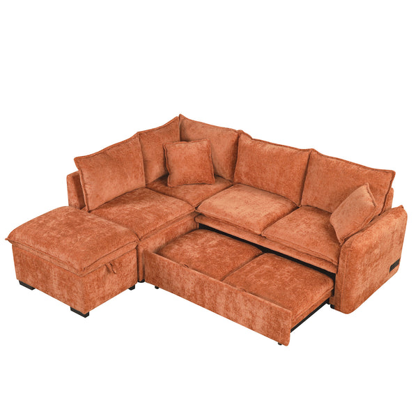 English Elm 82.67"Convertible Sofa Bed Sectional with Storage Ottoman, Power Sockets & USB Ports, Chenille Comfort Orange SG001450AAG