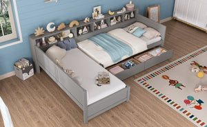 English Elm Twin Corner Daybed with Storage Drawers Bookshelf Wood L-shape Frame for Small Rooms Grey N733S369272E
