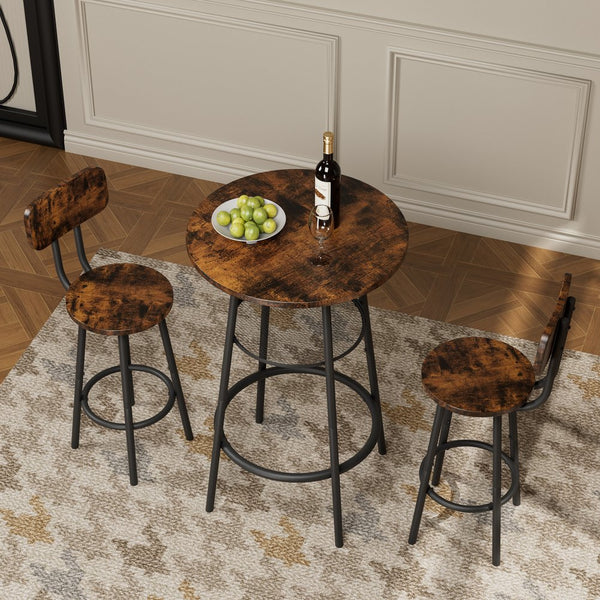 English Elm Bar 3-Piece Dining Set with Stools and Backrests, MDF & Metal Farmhouse Design, Space-Saving Pair Brown W57868878