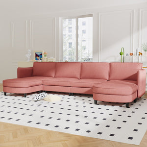 English Elm 141.5'' Large U-Shaped 6-Seater Sofa With Movable Ottoman & Arm Pockets – Modern Fabric Couch For Any Space W680S00039