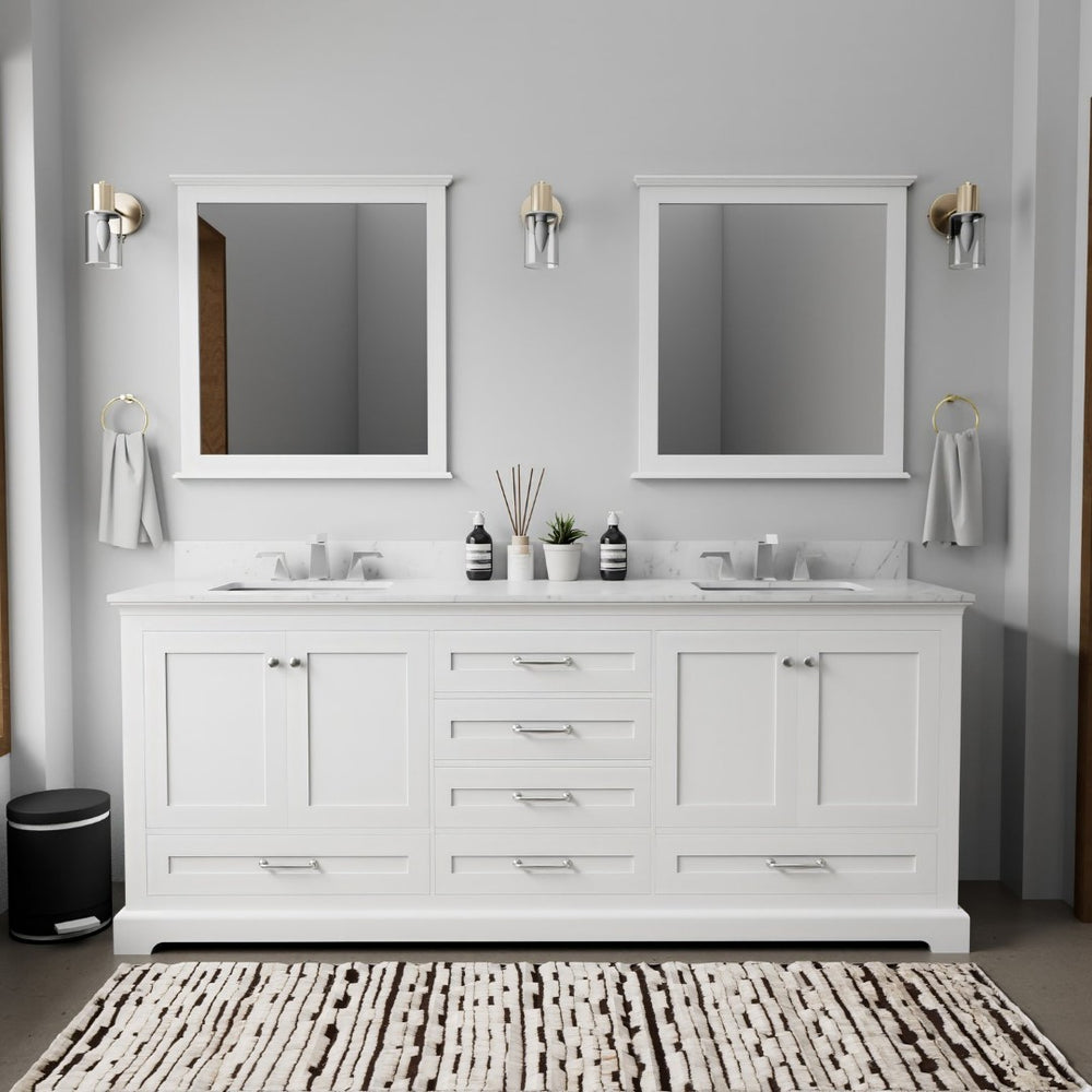 English Elm White Double Bath Vanity With Elegant Carrara Marble Top - Ample Storage & Soft-Close Features! B2731P258259-GIGA