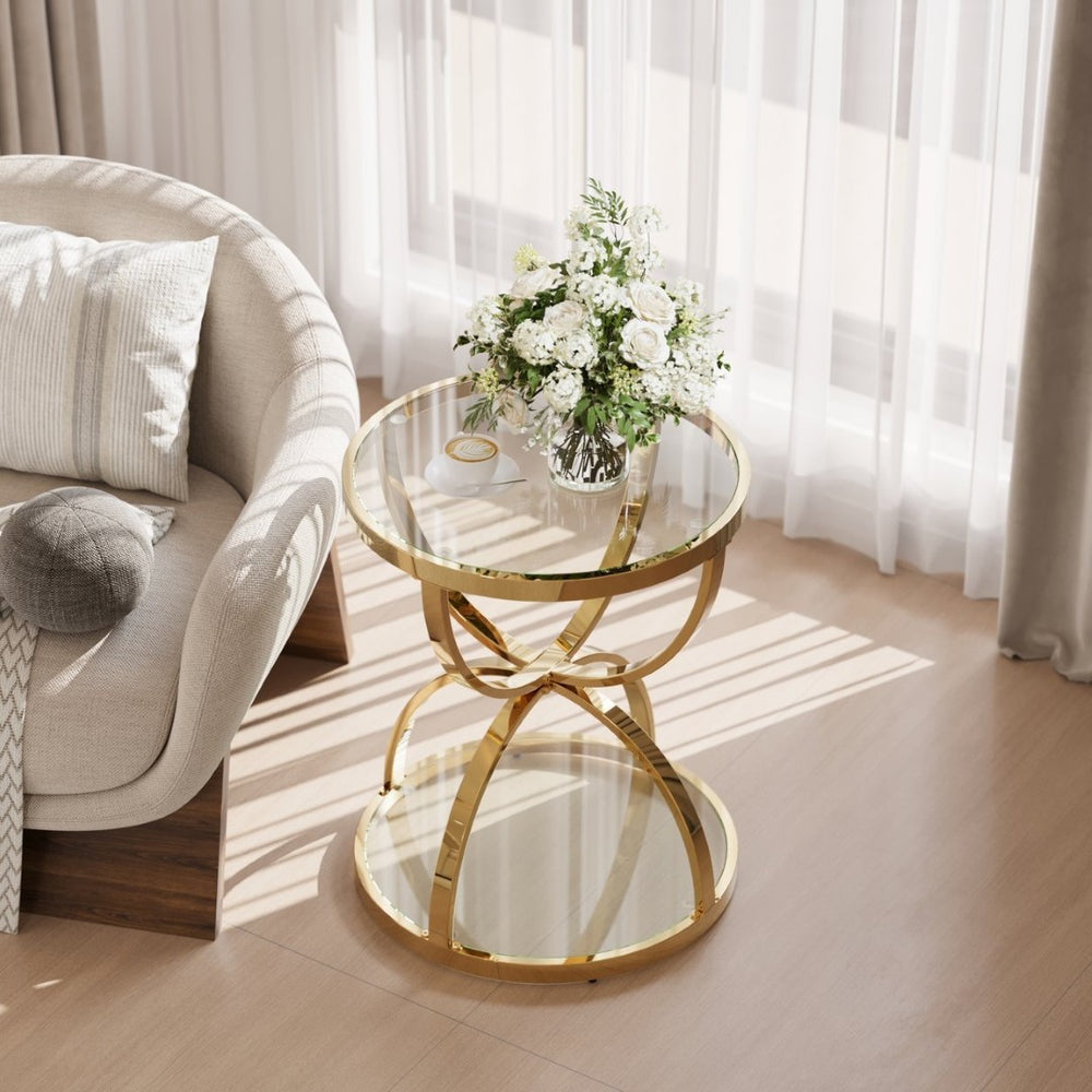 English Elm 19.69'' Round Chrome Side Table Dual Tier Gray Tempered Glass Glam Modern Accent W757P412810