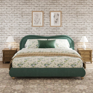 English Elm Queen Chenille Upholstered Curved Headboard Platform Bed with Oak Legs Solid Wood Slats W1716P428274