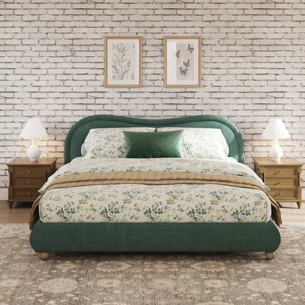 English Elm Queen Chenille Upholstered Curved Headboard Platform Bed with Oak Legs Solid Wood Slats W1716P428274