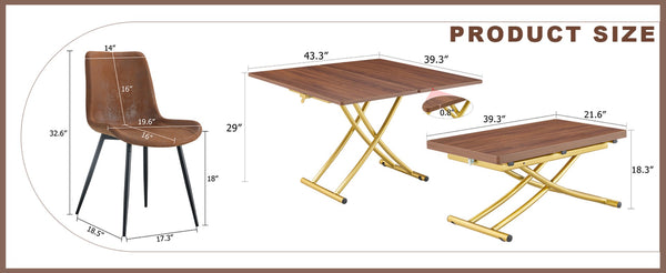 English Elm Table and Chair Set Adjustable Height Wood Grain Top Gold Legs Four Cushioned Seats W1151S04343