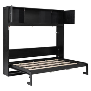English Elm Full Murphy Bed with Storage Cabinets and Shelves, Space-Saving Wooden Wall Bed with 600lb Capacity Black N7090004009B