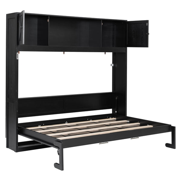 English Elm Full Murphy Bed with Storage Cabinets and Shelves, Space-Saving Wooden Wall Bed with 600lb Capacity Black N7090004009B
