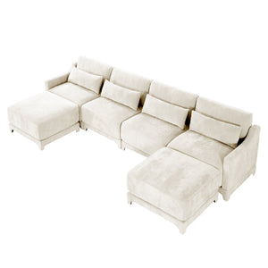 English Elm Four-Seater Chenille Sofa Set With Movable Ottoman, Ergonomic Lumbar Pillow, Modern Elegance In Beige W714S01236