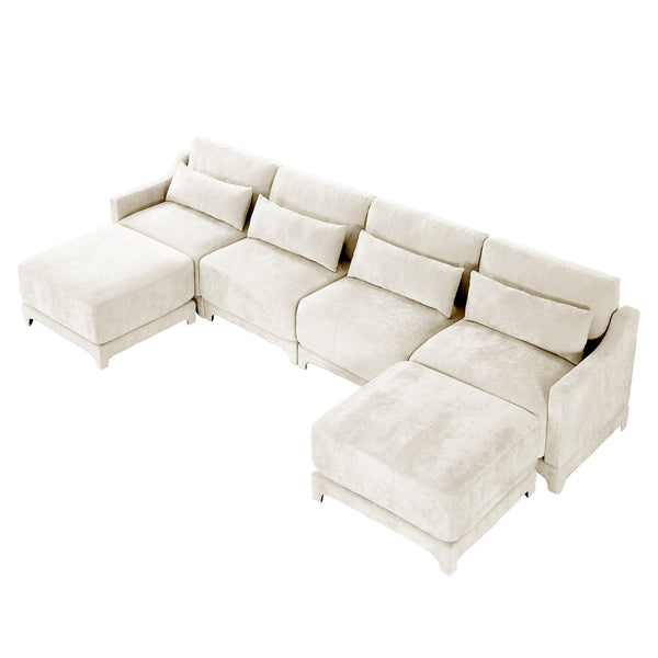 English Elm Four-Seater Chenille Sofa Set With Movable Ottoman, Ergonomic Lumbar Pillow, Modern Elegance In Beige W714S01236