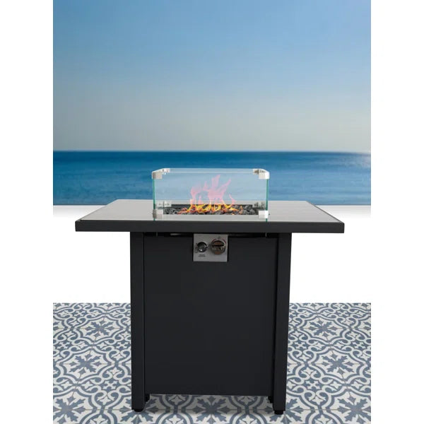 English Elm 30" Black Powder-Coated Metal Fire Pit Table with Smoked Glass Top, 40,000 BTU, Hidden Tank Compartment and Push-Button Ignition B120S00048