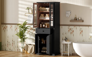 English Elm 67.2" Tall Bathroom Storage Cabinet with Tempered Glass Doors, Adjustable Shelves, Soft-Close Hinges and Anti-Tip Safety Black N729P310006B