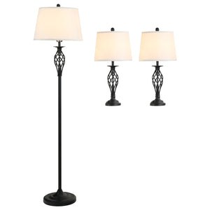 English Elm HOMCOM 3-Piece Vintage Floor & Table Lamp Set with Woven Metal Pole, White Fabric Shades, Cozy Glow W2225P217294