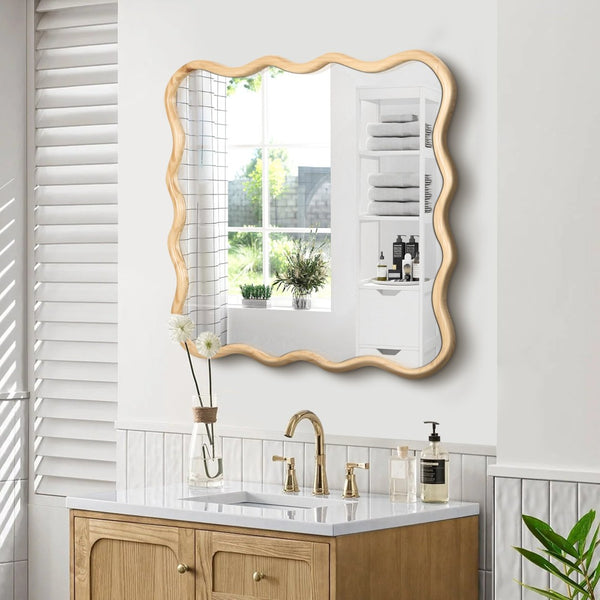 English Elm Solid Wood Wavy Square Mirror – 36" Modern Wall Decor For Bedrooms, Bathrooms, And Living Rooms W1445P189618-GIGA