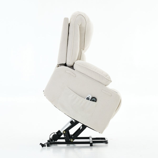 English Elm Ivory Corduroy Recliner with Heat, Massage & Assistive Lift — Remote Control, Cup Tray Comfort W570P320340