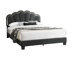 English Elm 1pc Queen Size Bed Wool Upholstered Platform with Channel Tufted Headboard and Built‑In LED Lighting Charcoal 66 L x 30 W x 10 H B011P238975